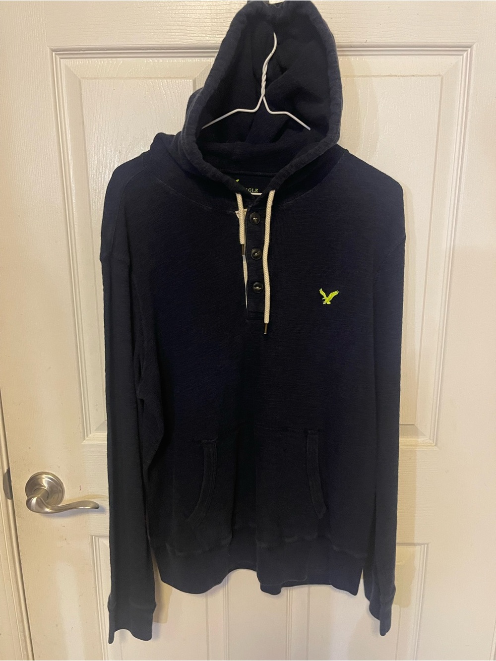 American Eagle Outfitters Navy Henley Zip-Up Hoodie with Lime Logo
